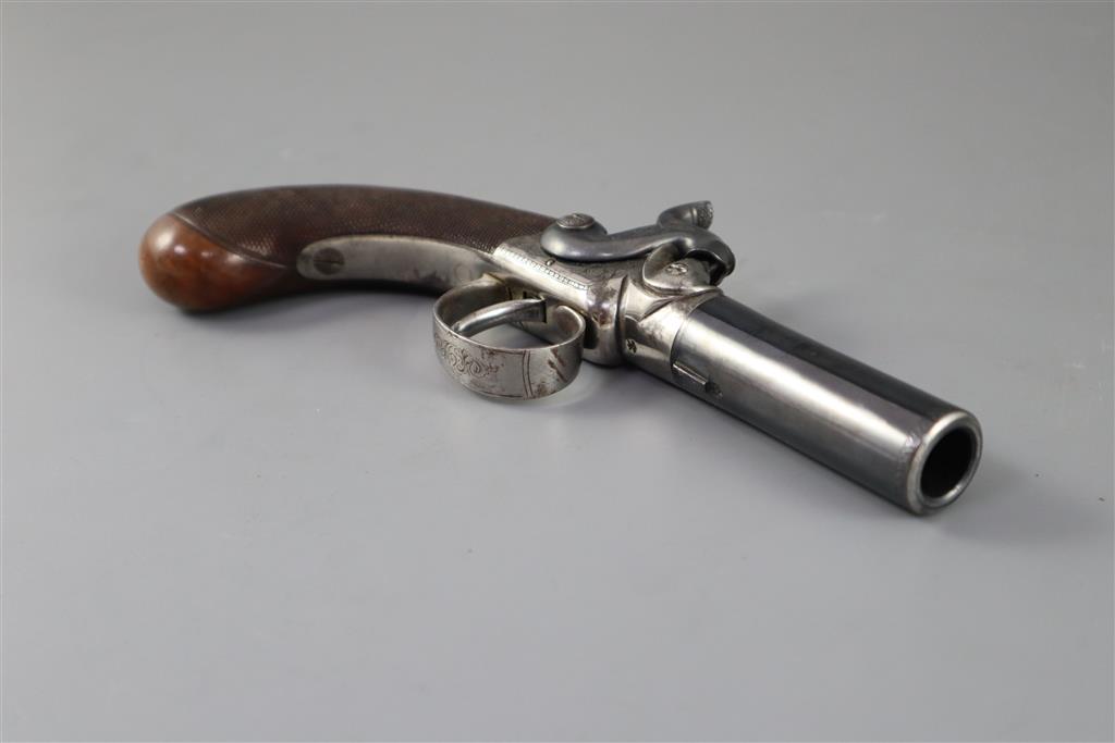 An early 19th century twin barrel flintlock pocket pistol, by Jn. & Geo. Jones of London, length 7.5in